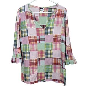 Just Madras Women's Tunic Blouse Pastel Patchwork Ruffle Sleeves V-neck M